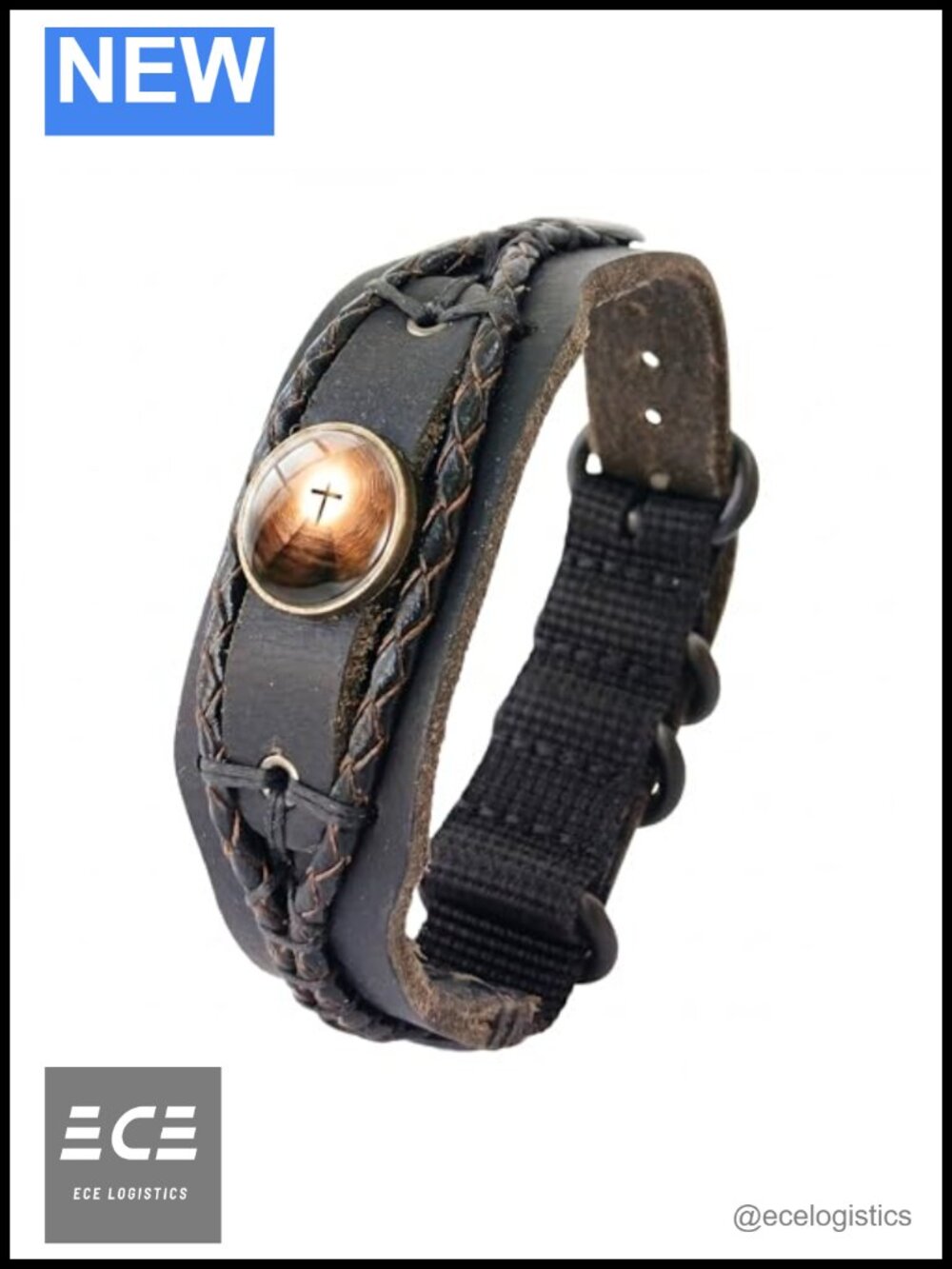 Handmade Rustic Thick Leather Cross Bracelet Adjustable Buckle